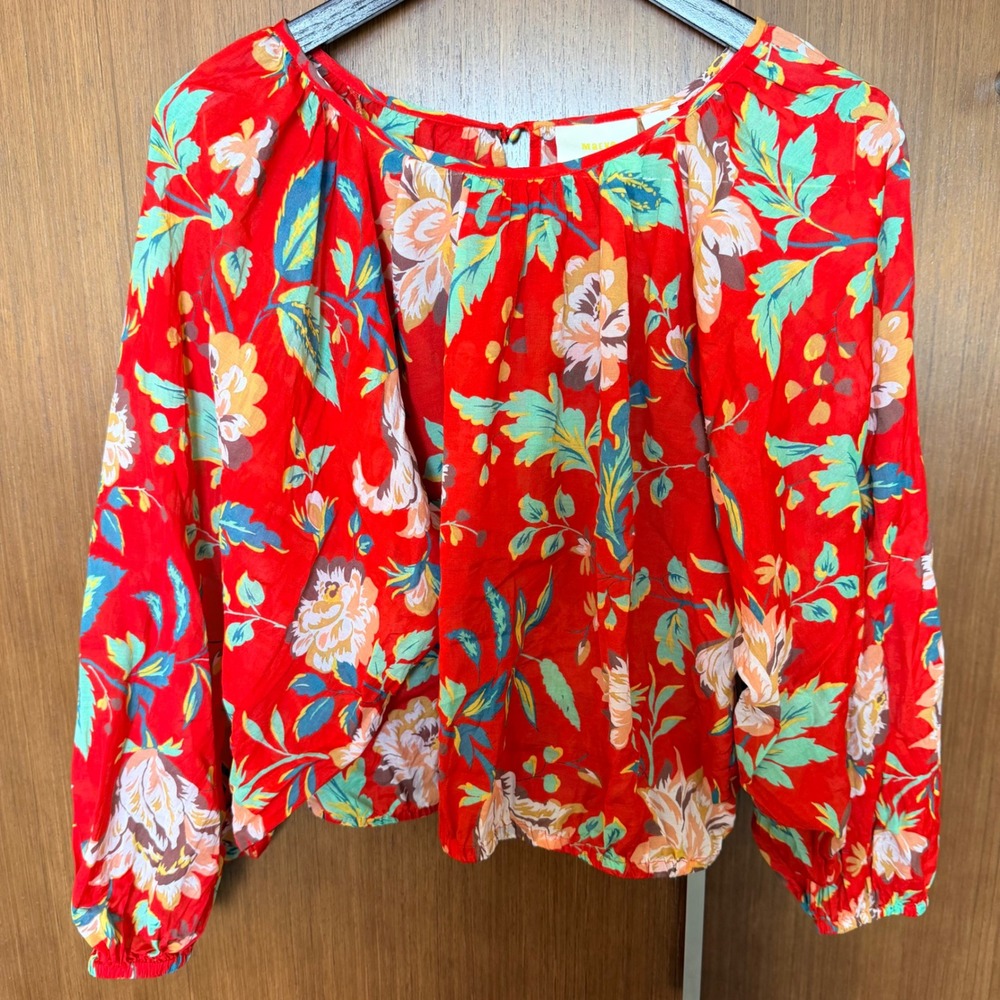 Maeve Anthropologie Red Floral Peasant XS Long Sleeve Boho Top Country Cotton
